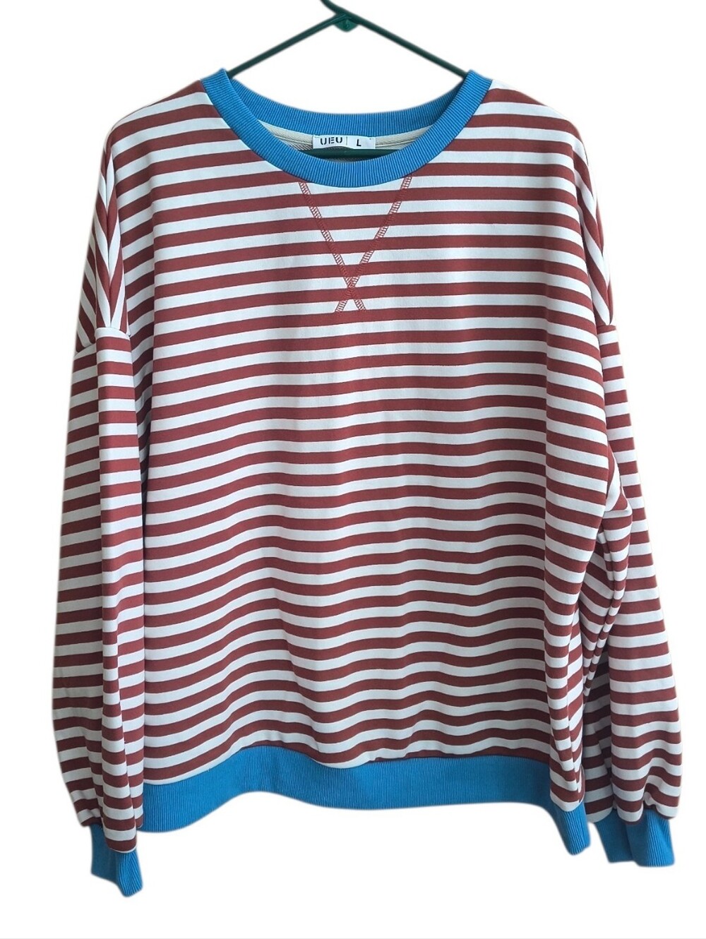 UEU Red & White Striped Oversized Sweatshirt With Blue Trim Size L